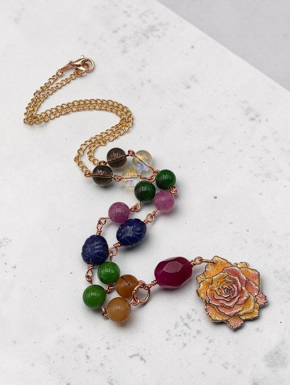 Multicolor Beaded Rose Pendant Necklace — Gold Chain